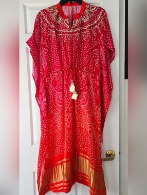 Traditional Red Bandhani Kaftan Dress | Embroidered Poncho Caftan | Boho Resort